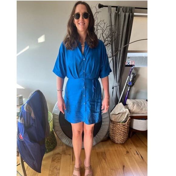 THAKOON Women's Blue Button Front Collared Tie Waist Mini Shirt Dress Size 6 - Picture 9 of 9